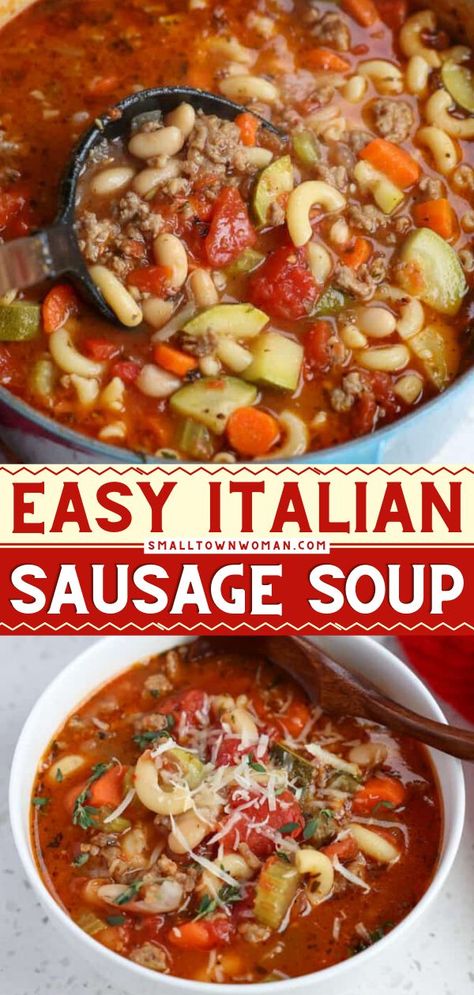 Italian Sauage Soup, weeknight dinner recipe, comfort food Soup With Zucchini And Chicken, Chicken Italian Sausage Recipes, Tomato Italian Sausage Soup, Italian Noodle Soup, Elbow Noodles, Winter Lunch, Sausage Soup Recipes, Corn Beef, Italian Sausage Soup