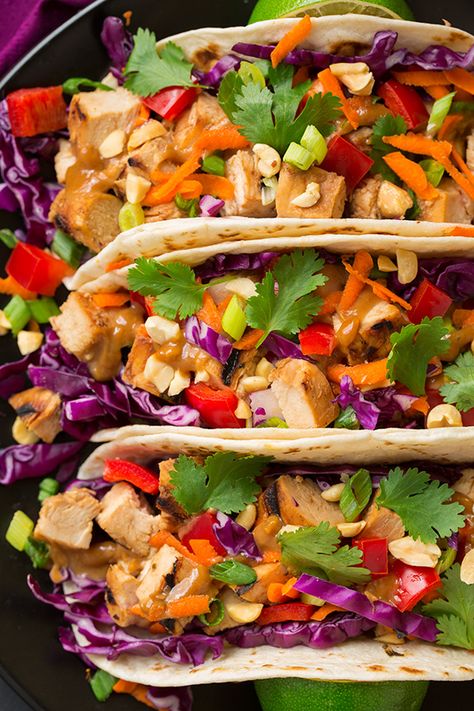 Thai Chicken Tacos with Peanut Sauce | Cooking Classy - added hoisin and chili garlic sauce to peanut sauce School Dinners, Thai Chicken, Health Dinner, Cooking Classy, Taco Recipes, Peanut Sauce, Chicken Tacos, Fresh Lime, Asian Dishes