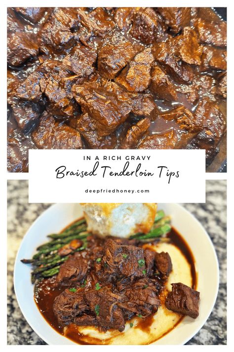 Braised Steak Tips, Prom Tenderloin Recipes, Braised Beef Tips Recipes, Tenderloin Tips Recipe Crockpot, Beef Tenderloin Soup, Beef Tenderloin Pieces Recipes, Braised Beef Tenderloin, Beef Tenderloin Leftovers, Small Beef Tenderloin Recipes