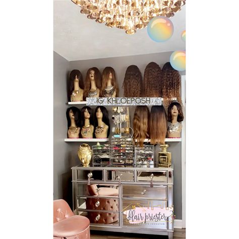 Wig display, glam room, organize, babe cave, wig idea, hair weave display Wig Mannequin Display, Wig Display Wall, Wig Room Ideas At Home, Wig Closet Storage, Wig Studio Ideas, Wig Storage Ideas Closet, Wig Stand Ideas, Wig Shelf Ideas, Wig Storage Ideas At Home