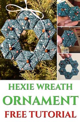 Quilt Inspiration: Free pattern day! Christmas ornaments Quilted Decorations, Embroidered Hexies, Hexagon Projects, Mister Domestic, Origami Christmas Ornament, Sewn Christmas Ornaments, Fabric Ornament, Hexagon Quilts, Christmas Patchwork