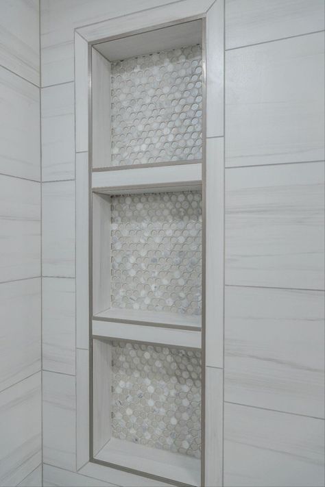 Vertical Niche Design, Tile Shower Cubby, Offset Shower Niche, 3 Niche In Shower Wall, Tall Shower Niche With Shelves, Vertical Shower Niche Ideas, Multiple Shower Niches, Bath Tile Ideas Tub Surround With Niche, Bathroom Shower Niche Ideas Built Ins