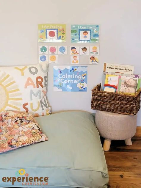 Introducing the Calming Corner | Inspired Learning Diy Montessori Activities, Counseling Office Decor, Cozy Area, Calm Corner, Soft Play Area, Large Floor Cushions, Emotions Cards, Calm Space, Calming Corner