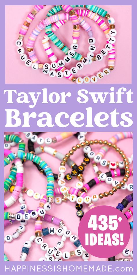 Ears Tour Bracelets Ideas, Taylor Swift Bracelet Quotes, Cool Beaded Bracelets Diy, Ideas For Taylor Swift Bracelets, Taylor Swift Lyrics Friendship Bracelet, How To Make A Taylor Swift Bracelet, Eras Tour Friendship Bracelets Diy, Glass Bead Friendship Bracelet, Words To Put On Clay Bead Bracelets