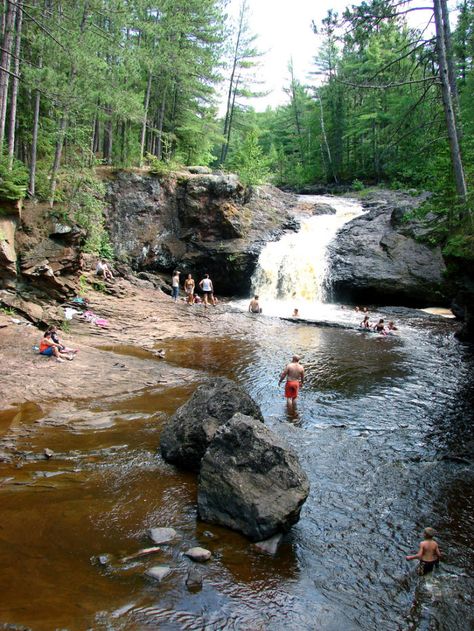 Waterfall swimming holes in Wisconsin. (Amnicon Falls) Wisconsin Waterfalls, Magical Waterfall, Wisconsin Vacation, Exploring Wisconsin, Wisconsin Camping, Natural Waterfalls, Midwest Travel, Camping Places, Wisconsin Travel