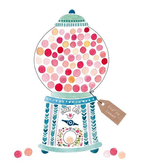 Bubble Gum Machine Gum Machine, French Illustration, Bubble Gum Machine, Greeting Card Inspiration, Valentine Greeting Cards, Animal Illustrations, Gumball Machine, French Designer, Watercolor Drawing