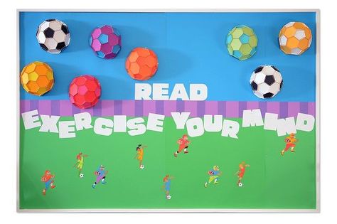 Kick Off the School Year with a Sports and Reading-Themed Bulletin ... Summer Library Program, Read A Thon, Sports Theme Classroom, Sports Classroom, Library Bulletin Board, Reading Bulletin Boards, Library Themes, Library Book Displays, Library Bulletin Boards