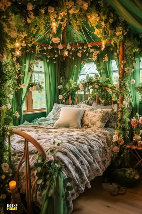 Large cottagecore bedroom with an enchanting green and floral color scheme, featuring vintage furniture, botanical prints, and a lace canopy, illuminated by charming fairy lights. Fairytale Inspired Bedroom, Green Fantasy Bedroom, Woodland Inspired Bedroom, Mushroom Fairy Bedroom, Nature Core Bedroom, Green Nature Bedroom Aesthetic, Forestcore Bedroom Ideas, Fairy Cottage Core Bedroom, Cottage Core Loft Bedroom