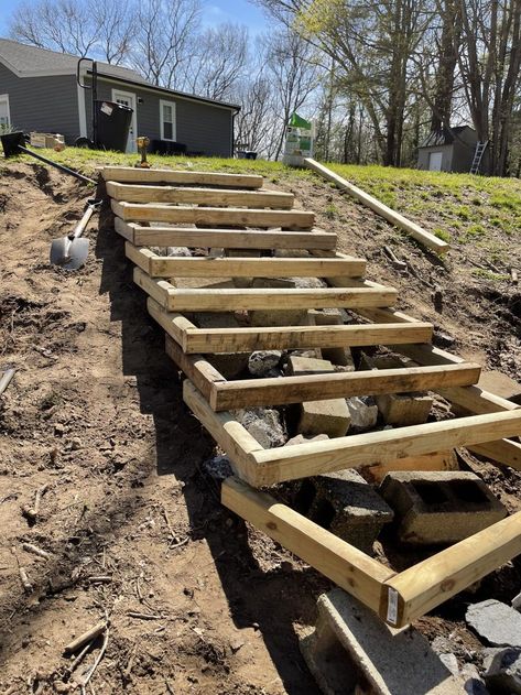 Outdoor Wood Steps On A Slope, Landscape Steps On A Hill, Steps On A Hillside, Easy Outdoor Steps On A Slope, Landscape Timber Stairs, Hillside Steps Diy, Outdoor Steps Diy, Outdoor Garden Steps, Diy Backyard Stairs