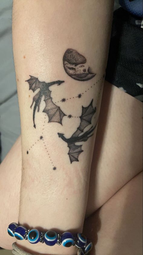 Dragon And Moon Tattoo For Women, Star Dragon Tattoo, Dragon Constellation Tattoo, Dragon And Stars Tattoo, Celestial Dragon Tattoo, Moon And Dragon Tattoo, Space Dragon Tattoo, Moon Dragon Tattoo, Dragon And Moon Tattoo