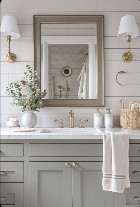 Neutral Classic Bathroom, Modern Farmhouse Bathroom Vanities, Tiny Guest Bathroom Ideas, Timeless Master Bath, Timeless Modern Farmhouse, Modern Farmhouse Bathroom Design, Modern Country Bathroom, Modern Cottage Bathroom, Neutral Bathrooms Designs