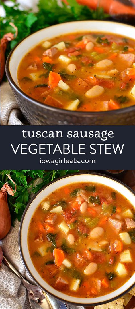 Tuscan Sausage and Vegetable Stew - Iowa Girl Eats Sausage And Vegetable Soup, Homemade Seasoned Salt, Tuscan Vegetable Soup, Healthy Delicious Soups, Autumn Dinners, Sausage Vegetable Soup, Tuscan Sausage, Soup Recipes Easy, February Recipes