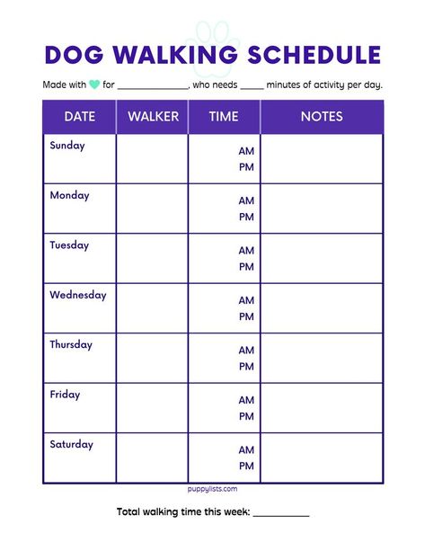 Free PDF to keep track of dog walks each week #dogmom #dogcare #dogdad #dogsarefamily Dog Feeding And Walking Schedule, Dog Walking Schedule, Walking Schedule, Pet Sitting Forms, Dog Log, Be More Organized, Dog Walking Business, Printable Dog, Tracker Free