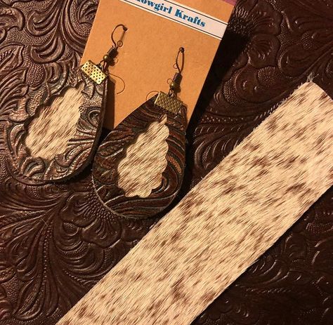 Cow Hide Earrings Diy, Cowhide Earrings Handmade, Cowhide Projects, Cowhide Crafts, Cowhide Earrings, Cricut Earrings, Fork Jewelry, Diy Leather Earrings, Homemade Earrings