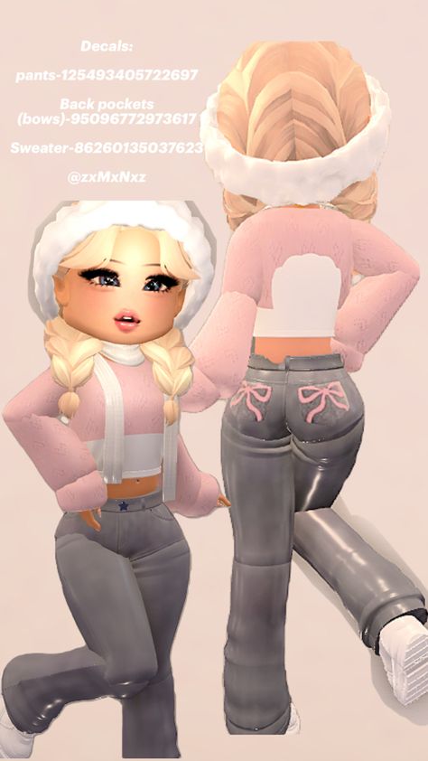 follow me on roblox and join me!! zxMxNxz #royalehigh #rh #decals Rh Decals, Pink Walpaper, Royal High Outfits Ideas Cheap, Bow Jeans, Vip Dress, Code Clothing, Pic Code, Island Outfit, Bratz Inspired Outfits