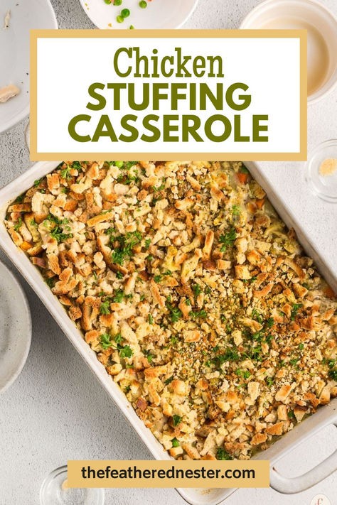 Looking for the comforting, hearty dish that’s quick, easy to whip up and guaranteed to please? Then look no further! This chicken stuffing casserole bake recipe is the perfect weeknight dinner solution. With savory Stove Top stuffing and shredded chicken, combined with a creamy mushroom sauce, everyone will want seconds of this chicken and dressing casserole. Chicken And Stove Top Dressing, Chicken Stuffing Balls, Chicken Thigh And Stuffing Recipes, Stove Top Dressing Casserole, Chicken Pot Pie With Stove Top Stuffing, Chicken And Dressing Casserole Stove Top, Stove Top Shredded Chicken, Stuffing Chicken Casserole Easy, Oven Chicken And Stuffing