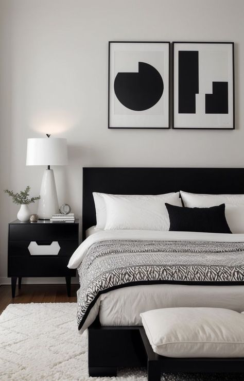 Create a sleek and modern bedroom by decorating the walls with an arrangement of black and white posters. Complement the aesthetic with minimalist furniture and add pops of color with decorative accents like throw pillows or rugs. Simple Black And White Bedroom, Black And White Room Ideas, Black And White Bedroom Aesthetic, White Room Ideas, Black And White Room Decor, Black And White Room, Black And White Bedroom, Black White Bedrooms, Black Living Room Decor