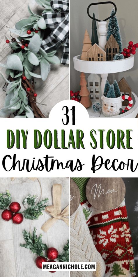 Looking for cheap and easy handmade Christmas décor ideas for your home? Check out these 31 cute Dollar Store DIY Christmas decorations for indoors and outdoors! From DIY Christmas ornaments and wreaths to DIY gift ideas, these simple Christmas crafts are perfect for creating stylish homemade holiday decorations. Diy Xmas Decorations Dollar Stores, Simple Indoor Christmas Decorations, Dollar Store Christmas Centerpieces, Dollar Tree Christmas Table Decor, Dollar Tree Christmas Crafts Diy 2024, Dollar Tree Christmas Garland, Christmas Decor Ideas Diy Dollar Tree, Dollar Store Christmas Tree, Dollar Tree Christmas Ideas