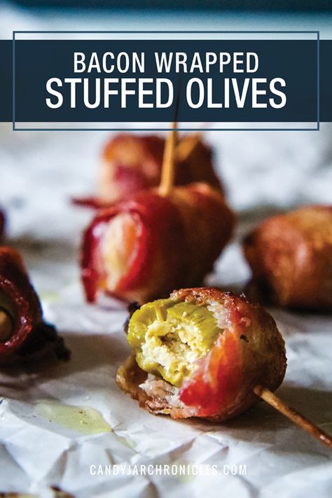 Bacon Wrapped Stuffed Olives (Two-Ingredients) Bacon Snacks, Stuffed Olives, Bacon Wrapped Jalapenos, Bite Size Food, How To Make Bacon, Two Ingredient, Domino Effect, Best Party Food, Appetizer Ideas