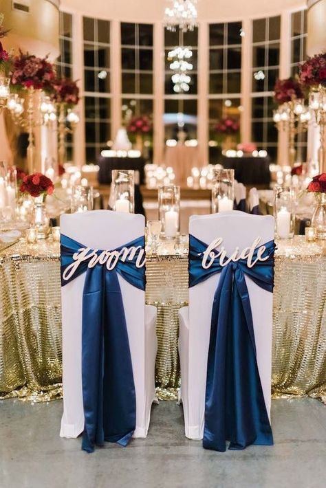 navy blue and gold bride and groom wedding chair ideas Bride Groom Chairs, Navy Inspiration, Wedding Sign Decor, Gold Wedding Theme, Royal Blue Wedding, Blue Themed Wedding, Wedding Color Inspiration, Navy Blue Wedding, Fall Wedding Colors