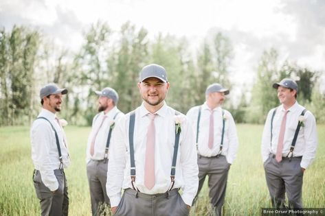 Groom and groomsmen ideas - baseball caps, hats, pink, suspenders, white, grey, suit {Bree Orser Photography} Suit With Suspenders, Teal Wedding Theme, Gray Groomsmen Suits, Navy Suit Wedding, Groomsmen Ideas, Groom Suit Grey, Pink Suspenders, Groomsmen Suspenders, Groomsmen Grey