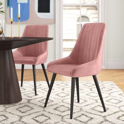 Style and comfort should never be mutually exclusive, Mercury Row® Shape draws on modern styles of armchairs, adds sharper angles that are reminiscent of the post-modern era of design. Color: Pink | Mercury Row® Girton Tufted Velvet Side Chair Upholstered/Velvet in Pink, Size 36.0 H x 21.0 W x 21.0 D in | Wayfair Velvet Chairs Living Room, Modern Velvet Chair, Pink Dining Chairs, Nordic Dining Room, Masculine Home, Tufted Dining Chairs, Elegant Lifestyle, Dining Inspiration, Accent Chair Set