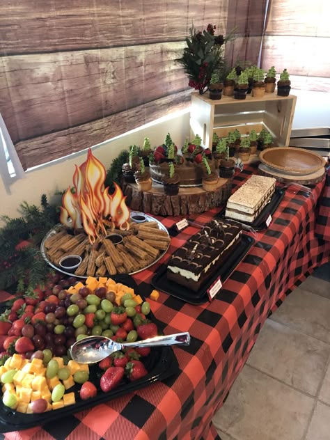 Outside Camping Birthday Party Ideas, Lumber Jack Party Food Ideas, Campout Themed Birthday Party, Campfire Birthday Party Decorations, Woodsy Theme Birthday Party, Christmas Campfire Party, Bonfire Shower Ideas, Flannel Party Food, S’more Birthday Theme