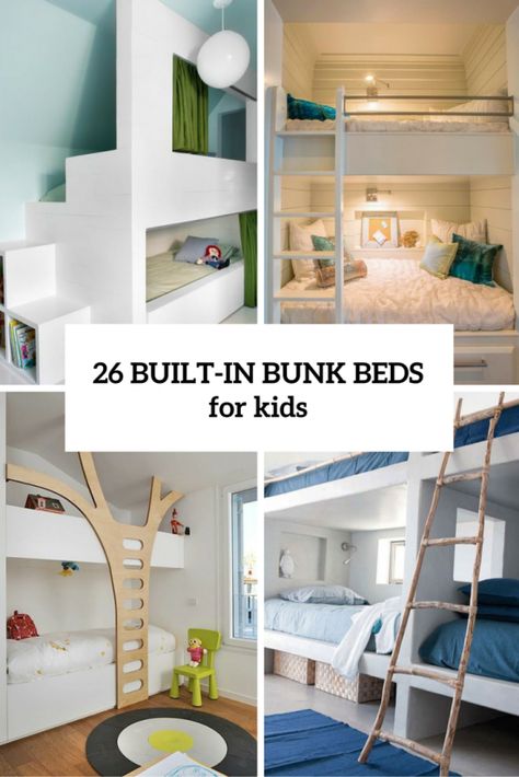 A bunk bed is a perfect solution for a shared kids’ room, and if it’s built-in, it’s even more functional and practical. They will not only create sleeping Loft Style Bunk Beds, Multi Bunk Beds Built Ins, Alternatives To Bunk Beds, Bunk Beds Custom Kids Furniture, Custom Bunk Beds Built Ins For Kids, Built In Bunk Bed Plans, 3 Bed Bunk, Built In Bunk Beds In Wall, Kids Bunk Bed Ideas