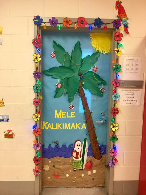 Hawaiian Christmas Classroom Door, Holiday Door Decoration Contest, Santa At The Beach Door Decorations, Mele Kalikimaka Christmas Door, Christmas In July Bulletin Board, Mele Kalikimaka Door Decorations, Hawaiian Christmas Door Decoration, Tropical Christmas Door Decorations, Beach Christmas Door Decorating Contest