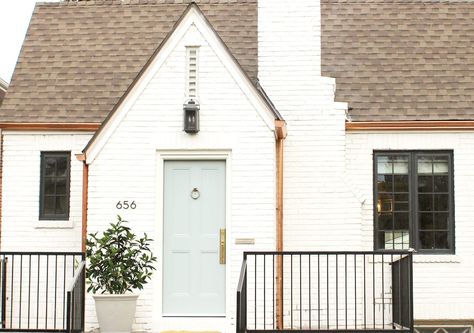 Denver Tudor Reveal - Studio McGee Bm China White, Copper Gutters, The Shade Store, White Wash Brick, Little Cottages, Woven Wood Shades, Home Exterior Makeover, Copper Roof, Exterior Makeover