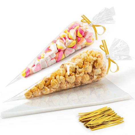 PRICES MAY VARY. GREAT VALUE: Package includes 150 pieces 7x14 inches clear cone shaped treat bags with twist ties.Good size and quantity to meet your packaging needs for baby shower favors,snacks,popcorns,candy packs and etc. GOOD QUALITY:Cellophane popcorn bags made of high quality polypropylene material,which is durable,safe and not easy to tear off.High transparency for clear displaying.Give your treats and favors a quick and easy enhancement. VERSATILE: Great treat bags for wrapping popcorn Party Favors That Aren't Junk, Party Favor Treats, Popcorn Cones, Popcorn Favor, Popcorn Candy, Snack Wrap, Plastic Gift Bags, Chocolate Marshmallow, Candy Cookie