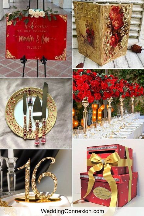 Nothing says magnificence like a red and gold luxurious wedding. This color palette has long been used to signify happiness and prosperity, and it creates a regal and majestic atmosphere perfect for any wedding. Explore ideas on how to use red and gold tastefully and elegantly, so you can create a stunning wedding that won’t break the bank at WeddingConnexion.com. Wedding Colors Red And Gold, Centerpieces Red And Gold, Gold Garden Party, Red Gold Wedding, Elegant Wedding Ideas, Gold Table Setting, Gold Cake Topper Wedding, Ceremony Candles, Red Rose Wedding