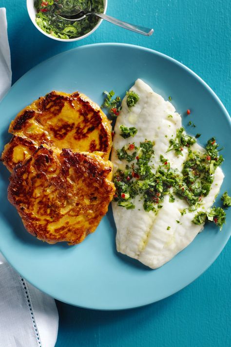 Tilapia with Sweet Potato Cakes and Chimichurri Sweet Potato Cakes, Pescatarian Meals, Meal Rotation, Savory Cakes, Connie Stevens, Mothers Day Dinner, Lent Recipes, Sweet Potato Cake, Easy Fish Recipes