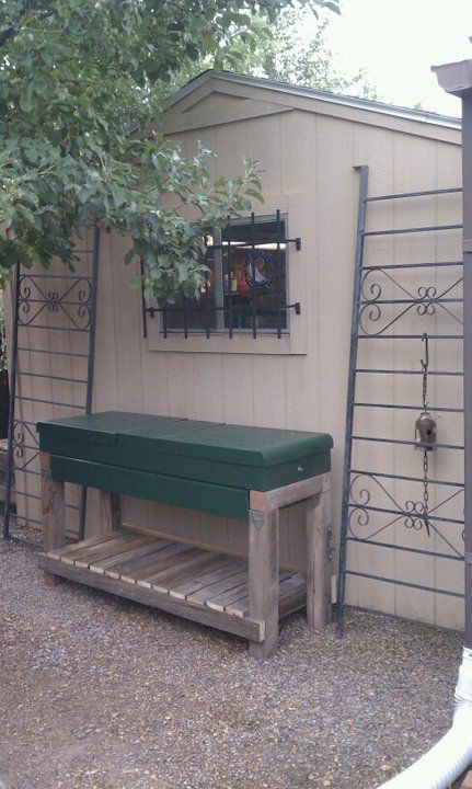 Upcycled potting bench has all recycled materials, truck tool box for the top, 4x4 redwood, 4x4 cedar, 2x fir, 1x4 oak.Recycling wrought iron patio fence to make hanging shelves. Pretty fun... Truck Tool Box Repurposed, Grill Shack, Baseball Artwork, Safe Ideas, Truck Bed Tool Boxes, Picnic Shelter, Yard Storage, Outdoor Potting Bench, Grill Cart