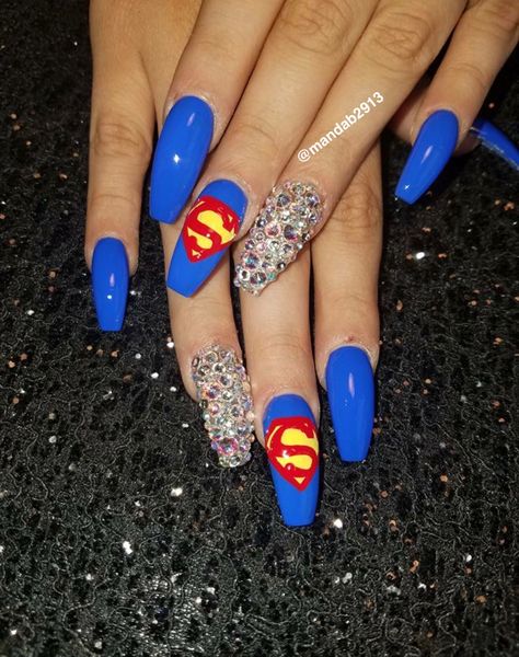 My recreation of superman nails I designed them and @lgarza87 on Instagram made them possible #Superman #bling #rhinestones #royalblue #blue #heroes #cute Dc Nail Art, Super Hero Nails Designs, Superhero Nail Designs, Superhero Nails Marvel, Super Hero Nails, Supergirl Nails, Superhero Nails Easy, Wonder Woman Nails Designs, Superman Nails Designs