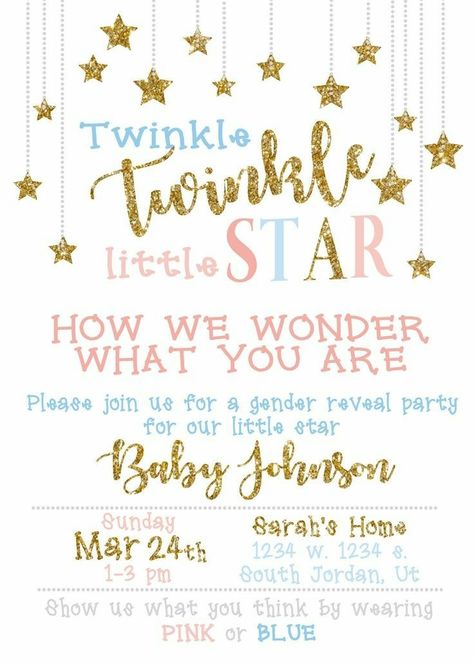 Gender Reveal Activities, Twinkle Twinkle Gender Reveal, Gender Reveal Ultrasound, Blue Gender Reveal, Simple Gender Reveal, Star Baby Shower Invitations, Gender Reveal Party Theme, Gender Reveal Themes, Baby Reveal Party