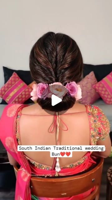 All _About_Brides_&_Wedding on Instagram: "South Indian Traditional wedding Bun tutorial 💖#hairstyletutorials #wedding #hairstyletutorials #trending #trendinghairstyles" Indian Buns Hairstyle, Simple Bun Hairstyles Indian Wedding, Bun Designs For Wedding, Indian Wedding Hair Bun, Low Bun Indian Wedding Hair, Indian Low Bun Hairstyles, Wedding Bun Hairstyles Indian, Hair Bun Styles With Saree, Bun Hairstyle Indian