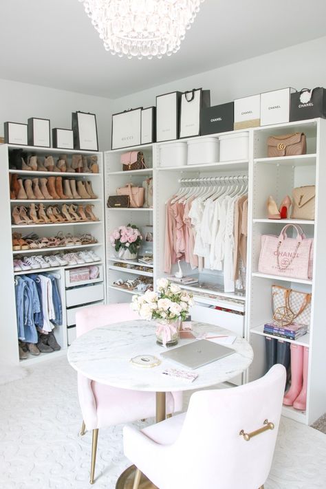 CLOSET + OFFICE TOUR | BLUSH PINK, MARBLE, GOLD - Lace & Lashes Minimalist Cloffice, Woman’s Closet Ideas, Ikea Glam Room, Glam Room And Office, Ikea Glam Closet, Dressing Room Design Ikea, Dream Closet With Vanity, Office / Closet Room Ideas, Closet Esthetics