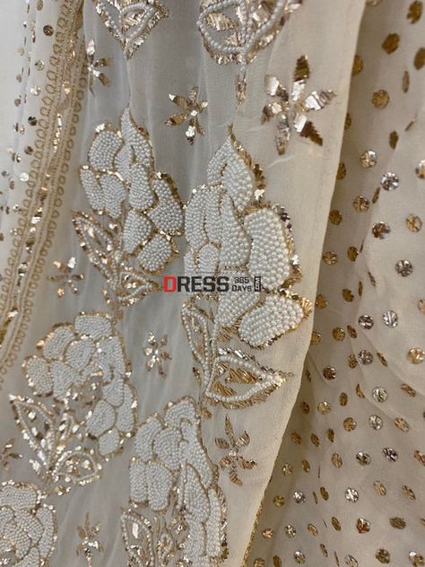 Hand Work Design, Pearl Work, Ivory Colour, Chikankari Suits, Lehnga Dress, Pearl Embroidery, Hand Beaded Embroidery, Bridal Applique, Georgette Dupatta