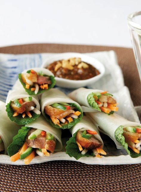 Duck Rice Paper Rolls with Sweet Chilli and Peanut Dipping Sauce  CAT Duck Spring Rolls Recipe, Rice Paper Rolls Dipping Sauce Recipes, Spring Rolls Chicken Rice Paper, Salmon Rolls Rice Paper, Summer Roll Peanut Sauce, Sweet Chili Dipping Sauce, Peanut Dipping Sauces, Rice Paper Rolls, New Zealand Food