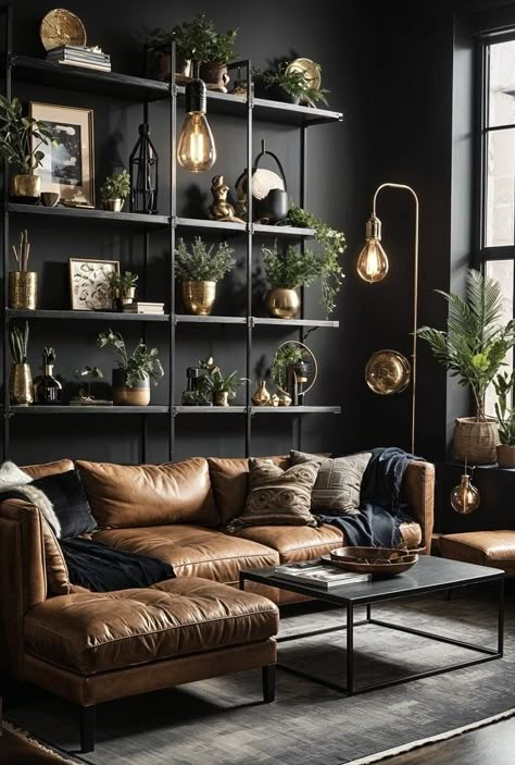 Dark Lounge Room Ideas Cozy, Living Room Decor Simple Small Spaces, Chic Boho Interior Design, Dark House Interior Design Living Room, Moody Decor White Walls, Dark Minimalist Decor, Industrial Style Living Room Ideas, Dark Moody Home Aesthetic, Earthy Colors Living Room