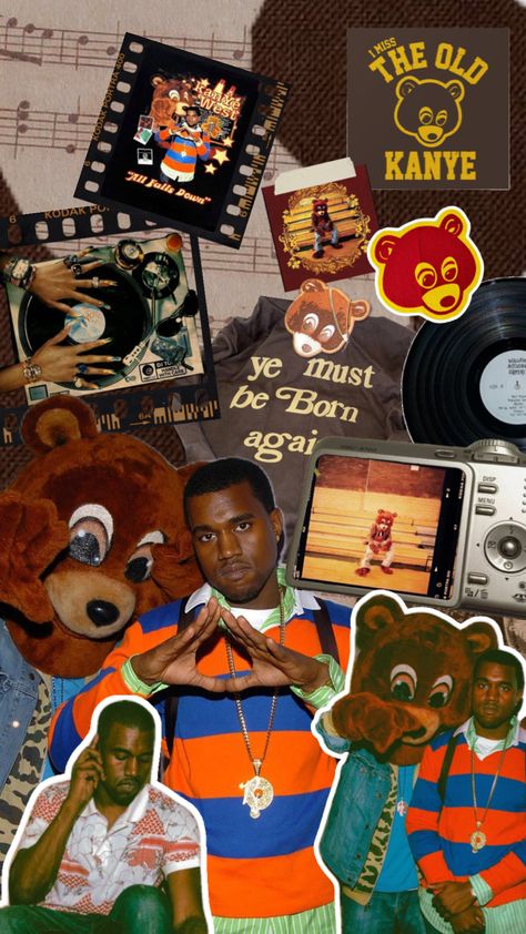 #kanye #thecollegedropout #music #artist #singer #kanyewest #ye Kanye West Bear, Kanye West Wallpaper, Artist Collage, 2000s Baby, Graduation Bear, Artist Singer, Music Collage, Music Artist, Rap Music