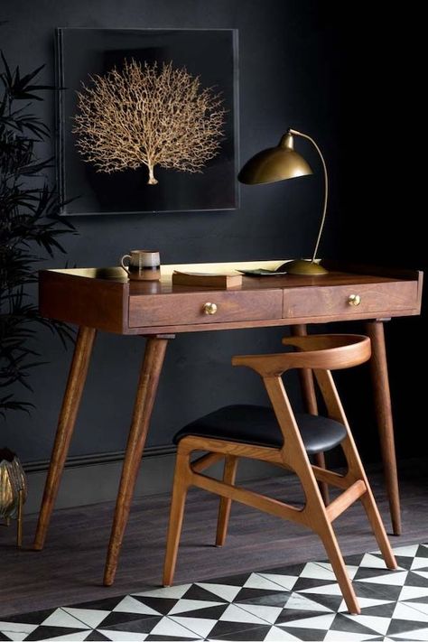 Wood Desk with Two Drawers in Home Office with Black Walls Mango Wood Desk, Wooden Study Table, Traditional Desk, Study Room Design, Rockett St George, Stylish Desk, Wooden Desk, Study Table, Wood Desk