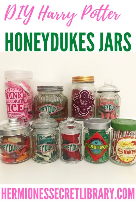 Diy Harry Potter Candy, Harry Potter Honey Dukes Candy Bar, Honeydukes Trolley Diy, Harry Potter Honeydukes Printables, Harry Potter Jars, Diy Hedwig Owl, Honeydukes Printables Free, Harry Potter Trolly Candy, Diy Honeydukes Shop