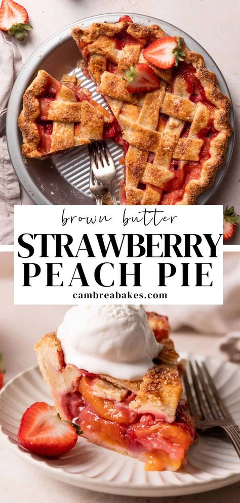 Strawberry Pie With Strawberry Crust, Pie Design Ideas, Strawberry Peach Pie Recipes, Peach Strawberry Pie, Peach Strawberry Dessert, Peach Berry Pie, Pie For Easter, Strawberry Pie Frozen Strawberries, Peaches And Cream Pie Recipe