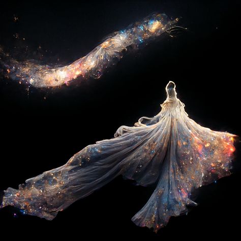 Art. AI Cosmic Dress Gowns, Fantasy Star Dress, Galaxy Inspired Dress, Space Inspired Dress, Space Themed Dresses, Outer Space Fashion, Star Dress Gowns, Northern Lights Dress, Galaxy Ball Gown