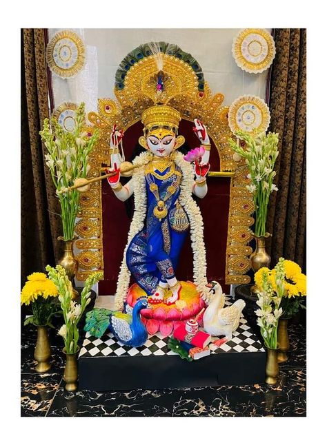 Saraswati Puja Decoration Ideas, Saraswati Puja Decoration, Puja Decoration Ideas, Puja Decoration, Saraswati Idol, Temple Decoration, School Life Memories, Saraswati Photo, Saraswati Puja