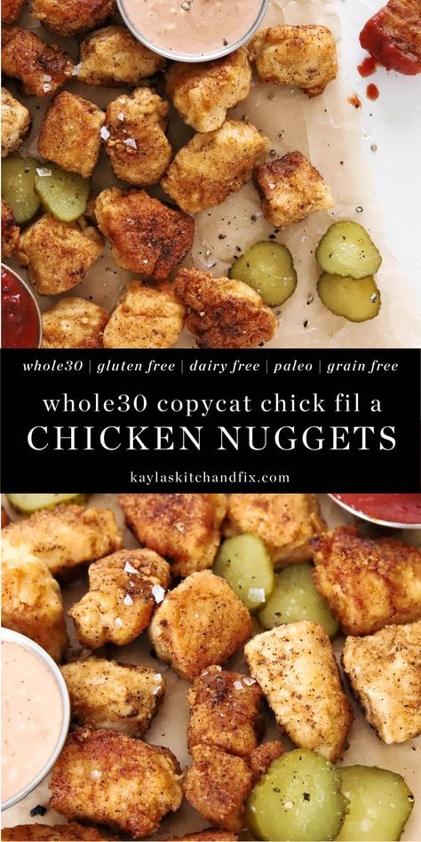 Healthy Chick Fil A Nuggets, Dairy Free Chicken Nuggets, Chik Fil A Chicken, Chick Fil A Chicken Nuggets, Gf Dinners, Gluten Free Chicken Nuggets, Chick Fil A Nuggets, Whole30 Dinner, Baked Chicken Nuggets