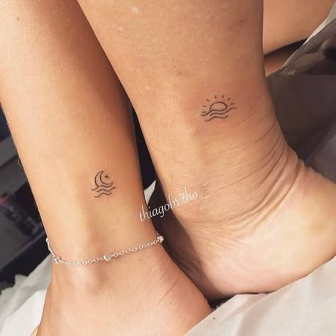 Cute Minimalist Matching Tattoos, Small Dainty Tattoos Matching, Minimalist Tattoo Couple Aesthetic, Sun And Moon Wave Tattoo Matching, Sunshine And Moon Matching Tattoo, Sun And Moon Tattoo On Ankle, Minimalist Bff Tattoo, Sun Moon Tattoo Ankle, Sun And Moon Tattoo Mom And Daughter