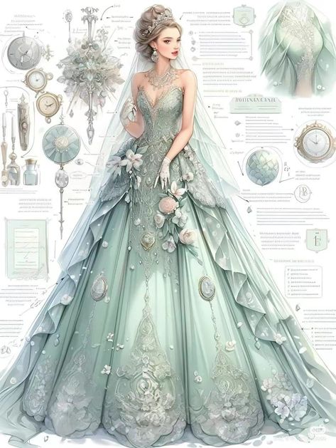 Fashion Design Sketches Dresses Gowns, Fantasy Ballgown Art, Ball Gown Dress Sketch, Studio Ghibli Wedding Dress, Pretty Dress Drawing, Wedding Dress Fantasy Fairytale, Fantasy Princess Outfit, Anime Dress Design, Fantasy Dress Art